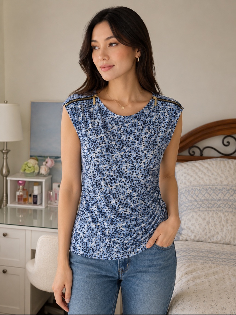 Michael Kors Blue Floral Zip Shoulder Top Size Small